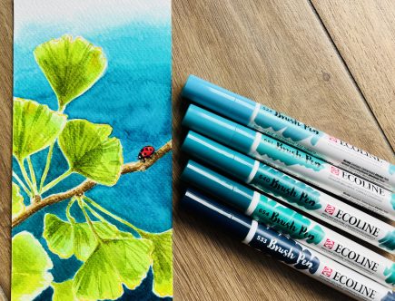 Gingkoblatt gemalt mit den Ecoline brush Pens