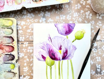 Aquarell karte mit lila Mohnblüten