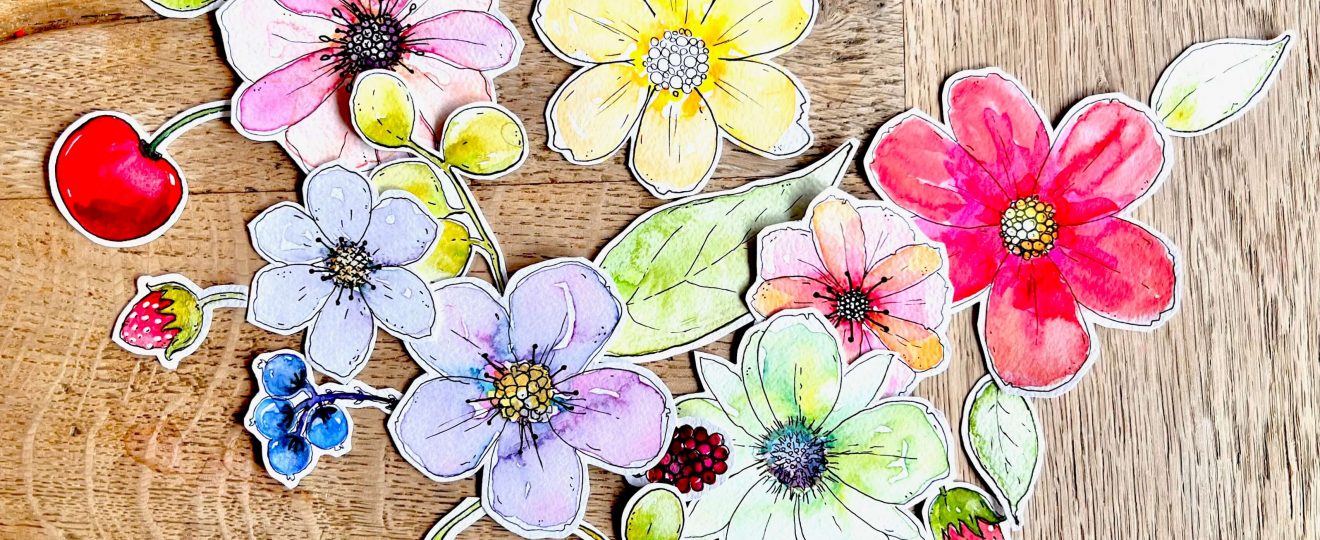 Viele gemalte Aquarellbüten