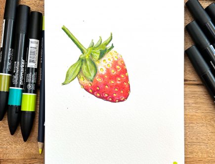 Erdbeere, gemalt mit Promarkern und Buntstift