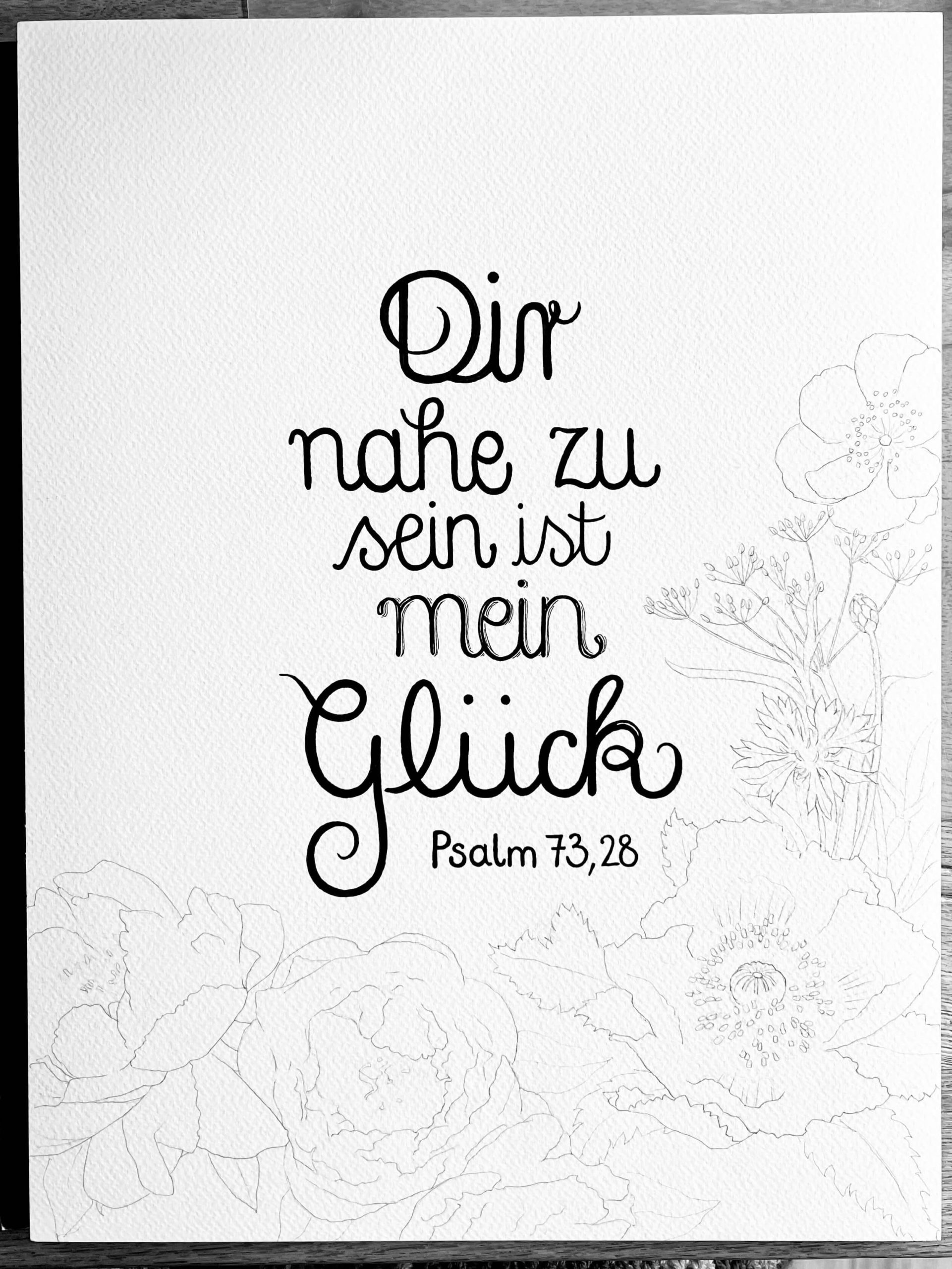 Beginn der Vorzeichnung der Blüten und Blätter