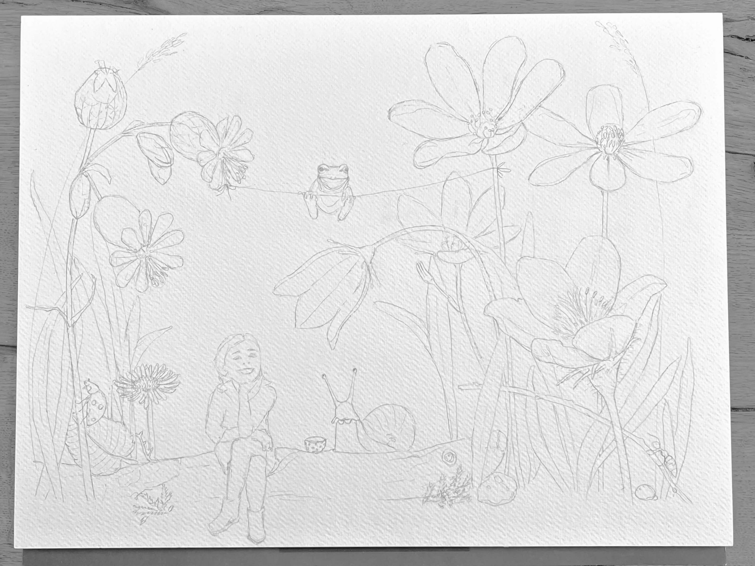 Vorzeichnung Garten Aquarell