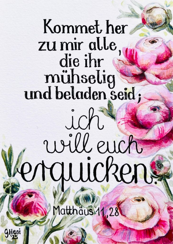 fertiges Bibelvers Aquarell Kommet her zu mir alle