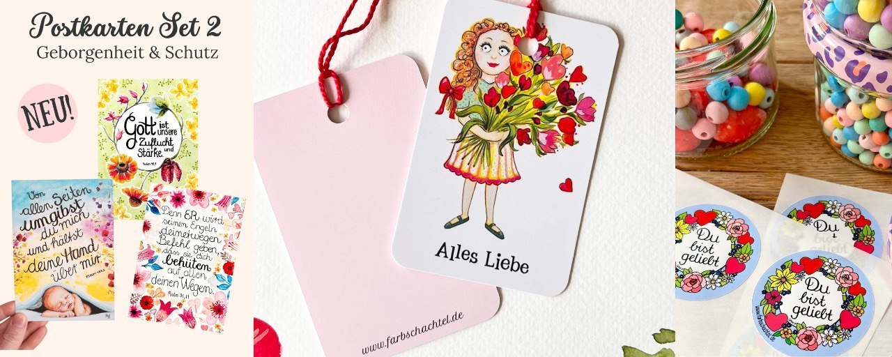 Farbschachtel Shopbild mit Postkarten Set 2, Geschenkanhängern und Stickern