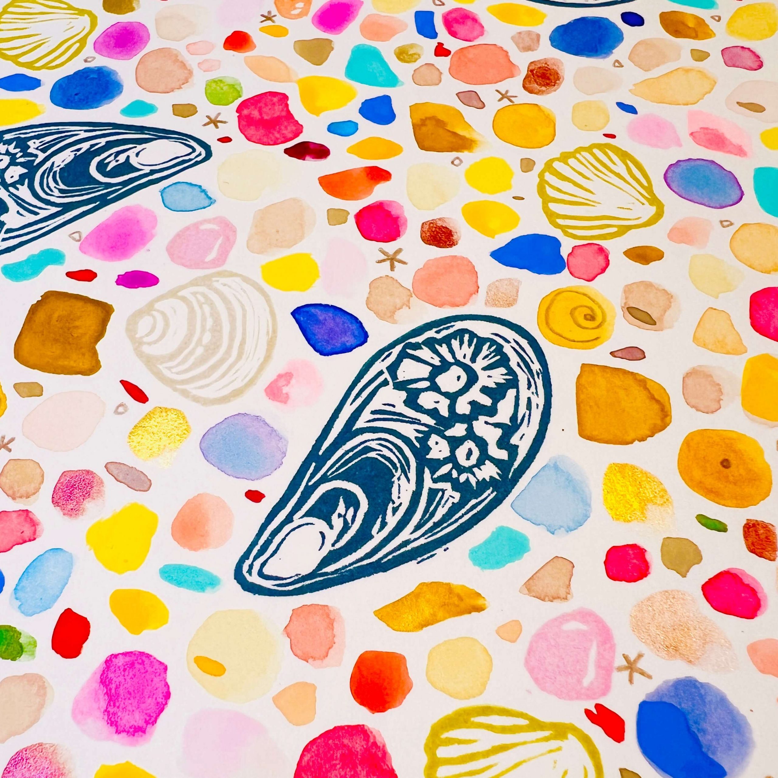 die Muschelstempel in meinem Ostsee-Aquarell Bild
