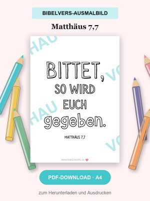 Bibelvers-Ausmalbild Matthäus 7,7, eingerahmt von sechs farbigen Buntstiften