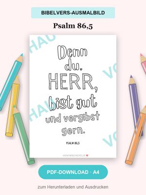 Bibelvers-Ausmalbild Psalm 86,5, eingerahmt von sechs farbigen Buntstiften
